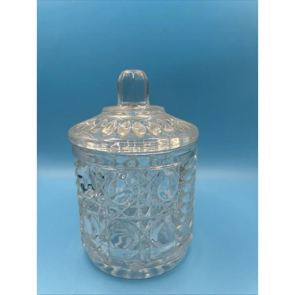 Federal Clear Glass Windsor Cane & Button Sugar Bowl with Lid &Grove for a Spoon